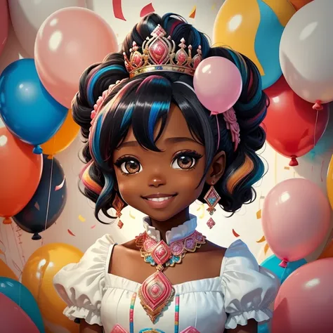 ((|) (cute black princess smiling, happy celebration, ballons, beautiful cake ) stylized identical to 1940 |)), acolchoamento ,multidimensional geometric wall PORTRAIT, arte, Chibi,
Yang016K, lindo,(( Predominant red coloration ,rosa e branco))
Primary wor...