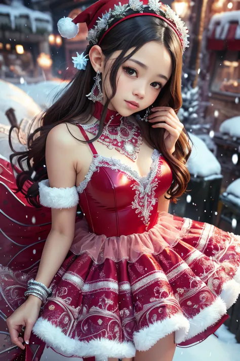 ((Jenna Ortega)), (masterpiece), (piece of art), (award winning picture),  in a colorful christmas skirt holding a christmas cake, wearing a winter christmas skirt, wearing skirt, with colored snow crystals, dressed in a snow crystal, wearing a wonderful s...