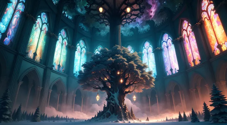 Incredible and spectacular scene, a "((high quality)), (detailed)), ((fantasy)), illustration, perspective (45 degree tilt angle), theme (enchanted forest style), scene elements (gothic church), picture quality (3D rendering effect), exquisite details, bea...