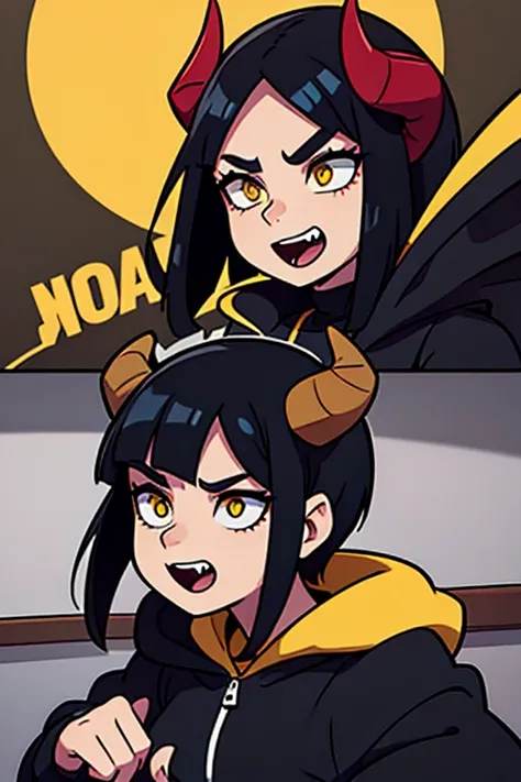 A Demonic Woman with Black Horns Jet Black Hair and Yellow Eyes