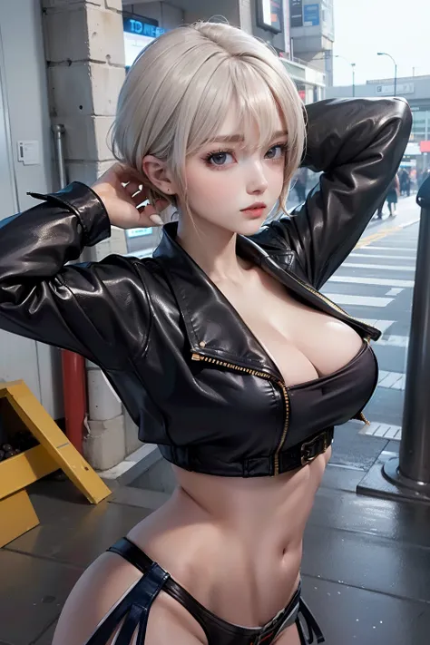 Upper body, 1girl in, (Angelum:1.4), Large breasts, Panties, Midriff, facing side, Looking at Viewer, (cleavage), Cropped jacket、Lower roundhouse kick