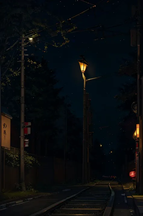 (Masterpiece, best quality: 1.4), night ligthning, dark, japanese crossing sign, railroad crossing, japanese streets, trees, greens, ((night scene: 1.5)), (night light: 1.lants, narrow road, ((street lamp: 1.2))