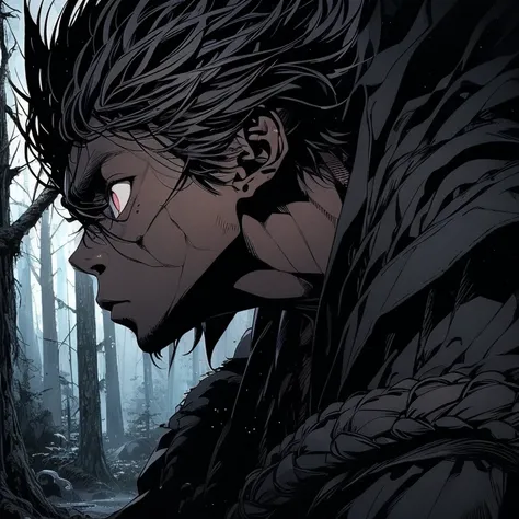 a dark skinned boy, with clear eyes, aged six years, short kid, white hair, strong gaze, amidst the forest, vagabond art style, kentaro miura art style, berserk style, wide angle, basic fighting stance, pose, black robe dramatic, action pose, dynamic pose,...