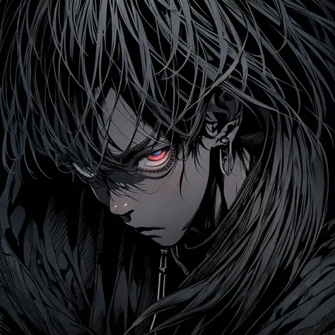 a dark skinned boy, with clear eyes, aged six years, short kid, white hair, strong gaze, amidst the forest, vagabond art style, kentaro miura art style, berserk style, wide angle, basic fighting stance, pose, black robe dramatic, action pose, dynamic pose,...