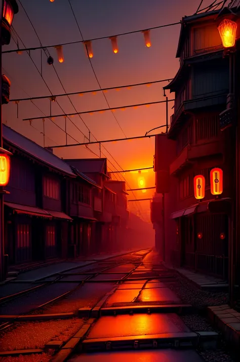 (Masterpiece, best quality: 1.4), dusk ligthning, sunset, japanese crossing sign, railroad crossing, japanese streets, trees, greens, ((sunset scene: 1.5)), (evening light: 1.lanterns, narrow road, ((street lamp: 1.5))