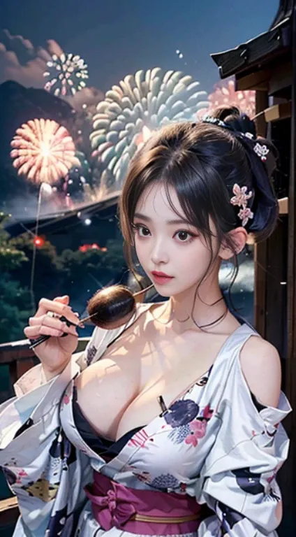 (8K、Raw photography、top-quality、​masterpiece:1.45)、(realisitic、Photorealsitic:1.35)、(((Fireworks Venue、natta)))、one girls、cute little、Seductive smile:1.2、(((Yukata、Kimono、Wear a fusion kimono and yukata)))、profetional lighting、Richly detailed facial featur...