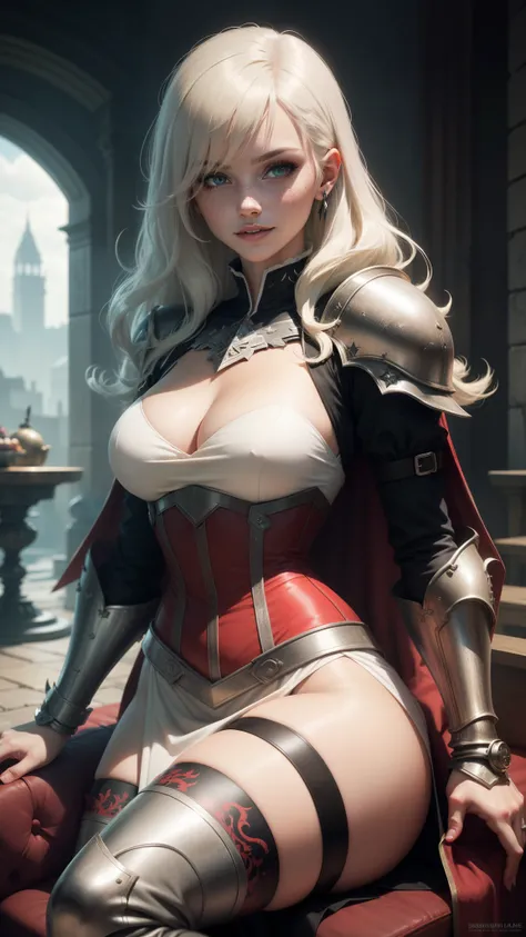 gwen tennyson,yorha 2b,saber,claire farron,overwatch,warcraft,close up, castle throne room,tattoos,ruby and white plugsuit,white short sleeve knight top,short sleeve knight full plate armor,long knight skirt,steel knight corset,long curly hair,queen makeup...