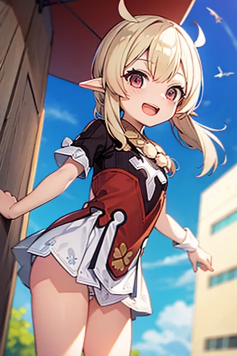 bottomless, loli, outside, open mouth, smiling, daylight, short, small, pointy ears, blonde hair