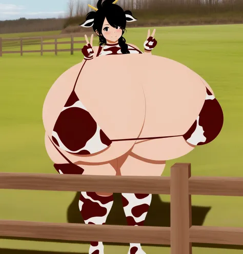 cartoon image of a woman in a cow costume standing on a fence, holding a pudica pose, pudica pose, insanely inflated hips, campy. cow costume, coirl, thicc, an ahoge stands up on her head, cow, full body close-up shot, y 2 k cutecore, anime style