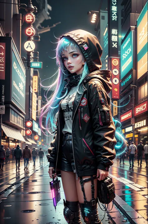 cyberpunk hooded girl standing epic middle of busy bustling Tokyo street, hd wallpaper, captivating neon light hues, symmetry, heistcore, stile Agnes Cecile, Broken Glass effect, no background, stunning, something that even doesnt exist, mythical being, en...