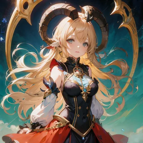 Anime girl with horns and cape standing in front of blue sky, shadowverse style, anime goddess, cushart krenz key art feminine, portrait knights of zodiac girl, demon anime girl, Detailed key anime art, shadowverse, Ayaka Genshin Impact, Trending on ArtSta...