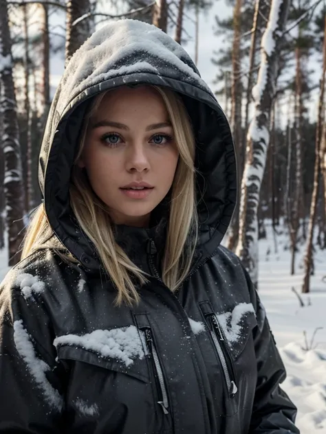 Blonde woman wearing a dark parka in a blizzard in a birch woods. Masterpiece.  Realistic.