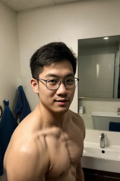 Andrew thomas huang, oval face, eyeglasses, neat muscular, messy hair, shirtless, bathroom