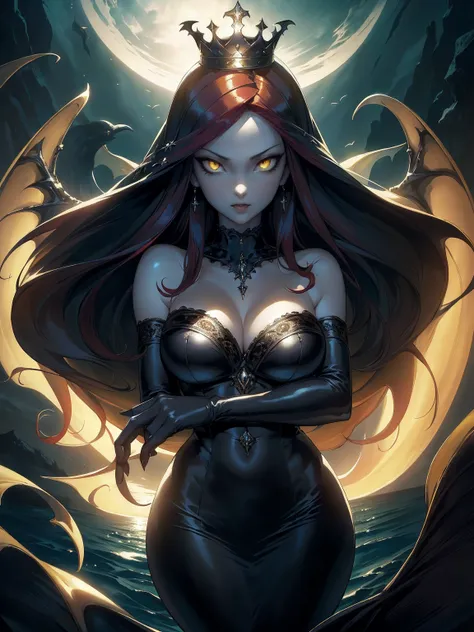 absurdities, ((stunning female mermaid))), Gothic Renaissance, (long red hair: 1. sharp angular face and perfect detailed oval, ((yellow eyes)), jewelry, gothic ocean colors, full lips, castle background gothic oceanic, (sea), perfect anatomy, approaching ...