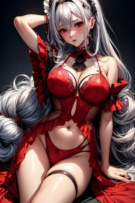 Best quality at best, masterpiece, A high resolution, 8k、intricate-detail、top-quality、ultra-detailliert、The best lighting、Best Shadows、Soft lighting、Ultra HD，maid hair band，solo, long hair, red eyes, very long hair, big breasts, bangs,  hair between eyes, ...