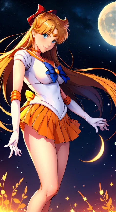 masutepiece, Best Quality, hight resolution, SV1, Sailor Senshi Uniform, Orange skirt, White shorts、elbow groves, tiarra, Pleated skirt, Miniskirt, White panty、Red bow, orangechoker, White Gloves, Jewelry, Starry sky, badass pose, slight smile, Portrait, f...