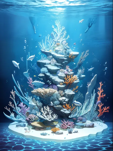 conceptual art of marine life, undersea scenery, marine life，beautiful coral reefs come in many shapes, 。.3d，, fish, women anima...