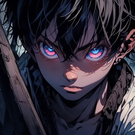 a dark skinned boy, with white hair, with a blue eyes, aged six years, short kid, strong gaze, amidst the forest, vagabond art style, kentaro miura art style, berserk style, wide angle , basic fighting stance, dynamic pose, comic strip, 4k, realistic, full...