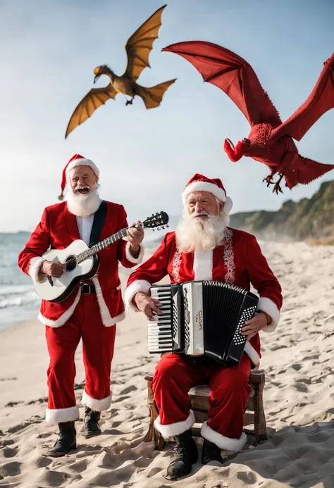 ultra-realistic photo of three caucasian men in Santa Claus wearing, one of them playing accordion, two of them playing guitars, on the beach, on the sunny day, Fujifilm GFX 100, 50mm f/8 lens, in the background flying dragons, breathing with fire