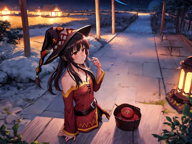 megumin,bosque,noche,media luna