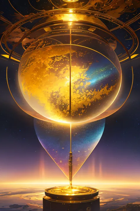 Sci-fi , round vast room of gold and glass , Natural elements , magic floating through the air , colorful elements , high details , realistic