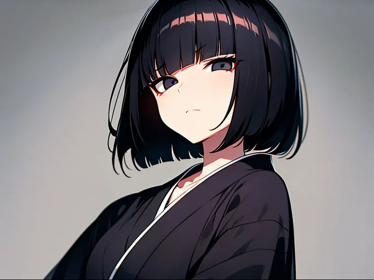 short bob, black hair, black eyes, slant eyes, round face, high teen, bad mood, kimono