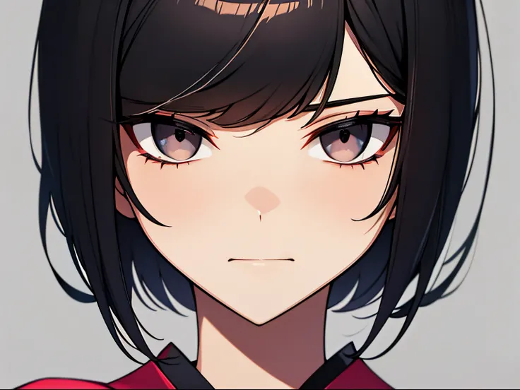 short bob, black hair, black eyes, slant eyes, round face, high teen, bad mood, kimono