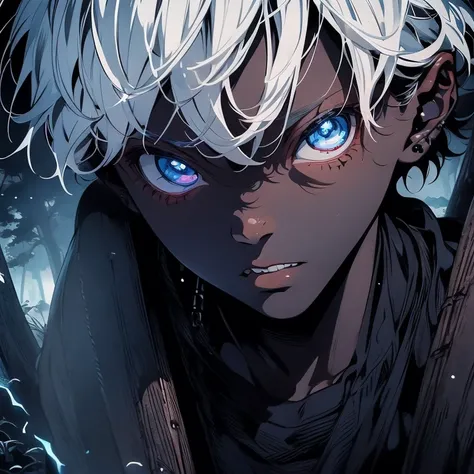 a dark skinned boy, with white hair, with a blue eyes, aged six years, short kid, strong gaze, amidst the forest, vagabond art style, kentaro miura art style, berserk style, wide angle , basic fighting stance, dynamic pose, comic strip, 4k, realistic, full...