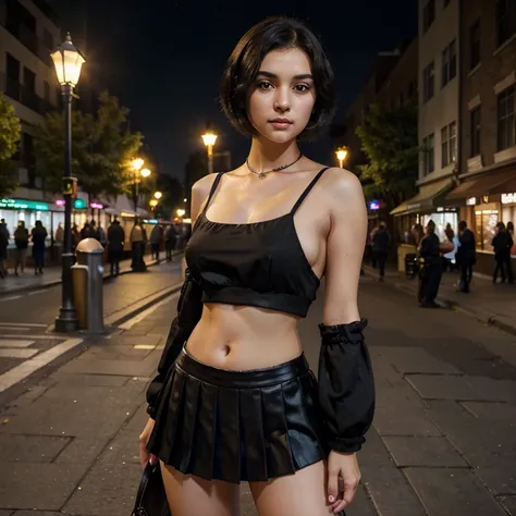 cute young Woman, short black Hair, Brown Eyes, Empress,pleated skirt suit,street lamps,neons,bustling street background,(navel:1.1,princess eyes), Nobility, Royalty, High Quality, Masterpiece, Highly Detailed