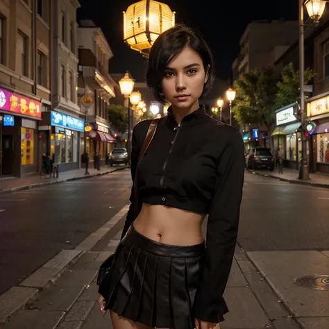 cute young Woman, short black Hair, Brown Eyes, Empress,pleated skirt suit,street lamps,neons,bustling street background,(navel:1.1,princess eyes), Nobility, Royalty, High Quality, Masterpiece, Highly Detailed