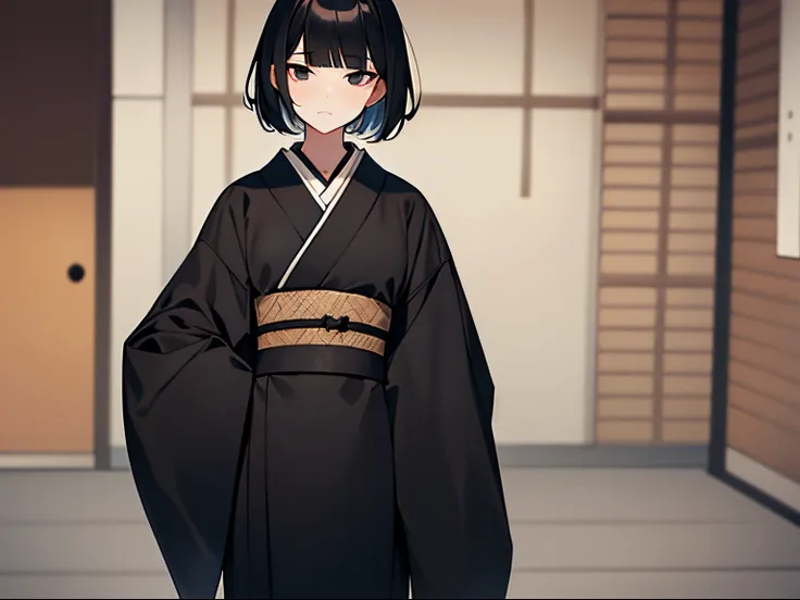 short bob, black hair, black eyes, slant eyes, round face, high teen, bad mood, kimono, full body