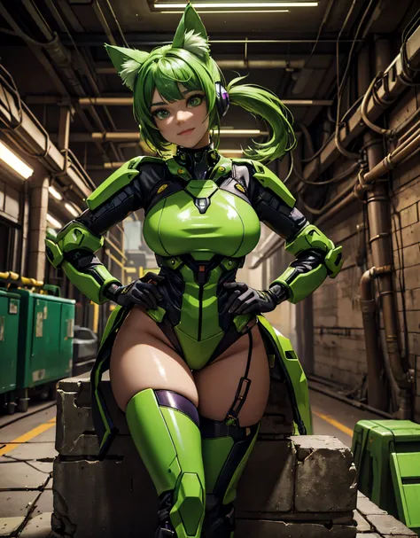 "Masterpiece in dystopian 4K resolution UHD high detail, with mecha_musume purple_glitter style, vibrant details in green and yellow, inspired by cyberpunk chaos. Vibrant green and yellow details capture the eye, while her towering cybernetic boots make a ...