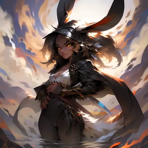 Bunny wearing a black cloak with golden symbol on her chest , weapon on her hand with golden eyes