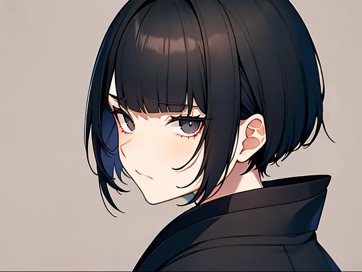 short bob, black hair, black eyes, slant eyes, round face, high teen, bad mood, kimono, full body