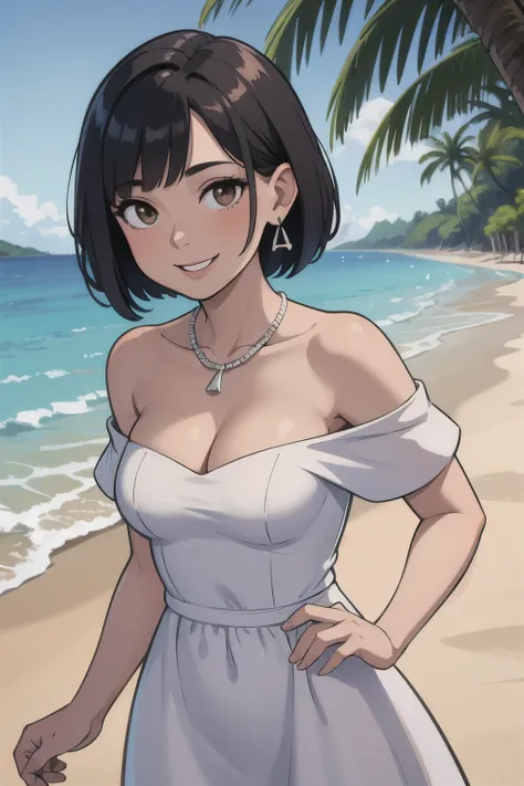 Best quality, Beautiful lighting, medium breasts, Black hair, Short Hair, Bob Hair, Smile, 1 Girl, Solo, jewelry, Earrings, Brown eyes, strapless white dress, Off-the-shoulder attire:1.4, short-sleeves, cleavage, Smile, collarbone, necklace, Bare shoulders...