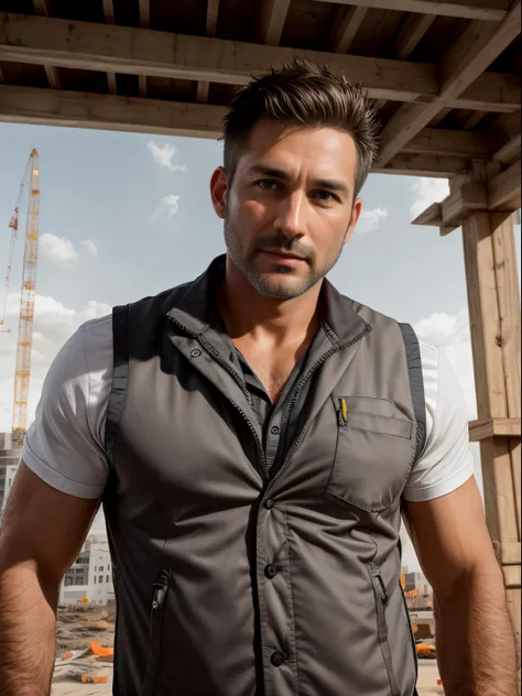 masterpiece, best quality, high resolution, closeup portrait, male focus, solo focus, A man, 40 years old, with construction worker uniform, unbuttoned work clothes, construction worker, silver grey hair, messy hairstyle, cute and seductive face, bare ches...