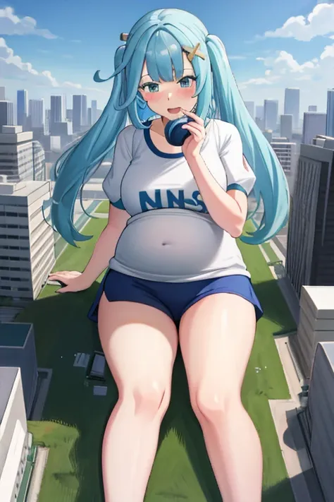 Giant maiden，Moe two-dimensional style，Pregnancy status，Round belly，Gaze at the bustling city, Lying down,  Gym clothes