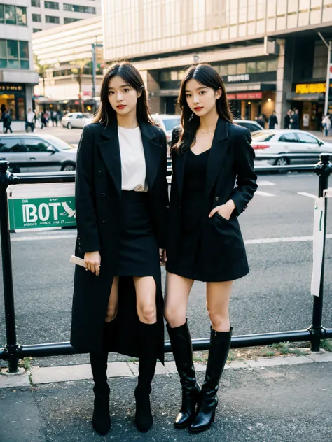 Best quality at best,tmasterpiece,超高分辨率,(actual:1.4),RAW photogr,hyper HD，8K，There  a group of girls，Stylish clothes,Chanel style，Stylish skinny suit, wearing jacket and skirt,high-class fashion，ellegance, short skirt and a long jacket, tigh-high boots，Ove...