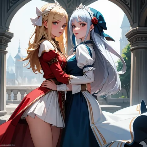 de Castlevania, mulher, Two angles ((vista frontal e vista traseira)) corpo inteiro, destacada em fundo branco, in authentic Slavic festive costume, identical clothes, desenho ultra detalhado, pintura ultra detalhada, contorno, arte profissional, oficial, ...