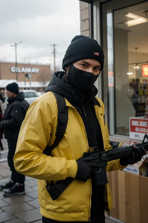 Man in yellow jacket with a ski mask, holding a AR15 rifle, with a convenience store in the background. Artistic brush strokes