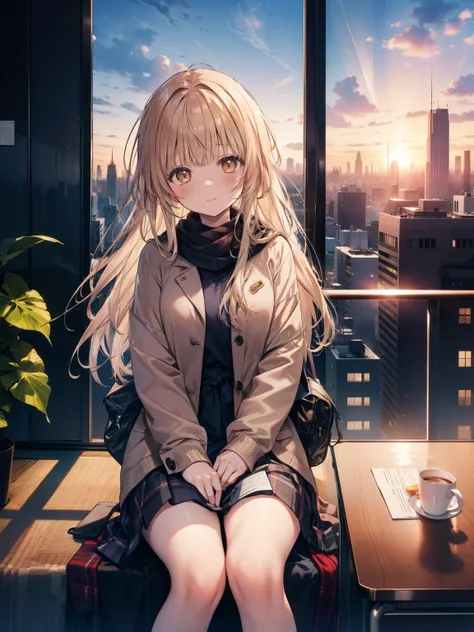 shiina mahiru's face, a girl sitting alone in a tall building in the city, with a full view of the tall buildings at sunset