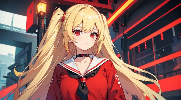 (1 girl, blonde hair, red eyes, sailor suit), (red cyberpunk city, red neon)