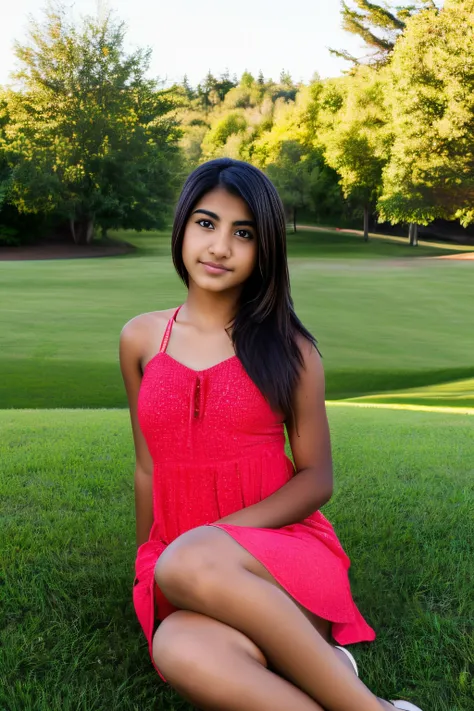 Hispanic teenage girl sitting on the grass wearing a red sundress