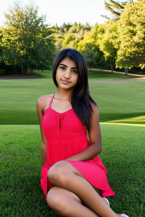 hispanic teenage girl sitting on the grass wearing a red sundress