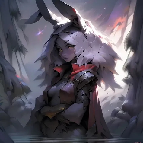 Bunny wearing a red cloak with grey and purple bend together on her clothes, golden eyes and Golden symbol on her chest in the cold mountains