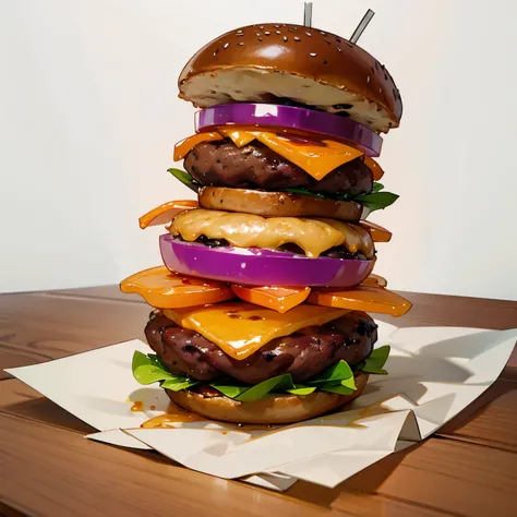 Burger with a lot of jelly sitting on a table with a blank background