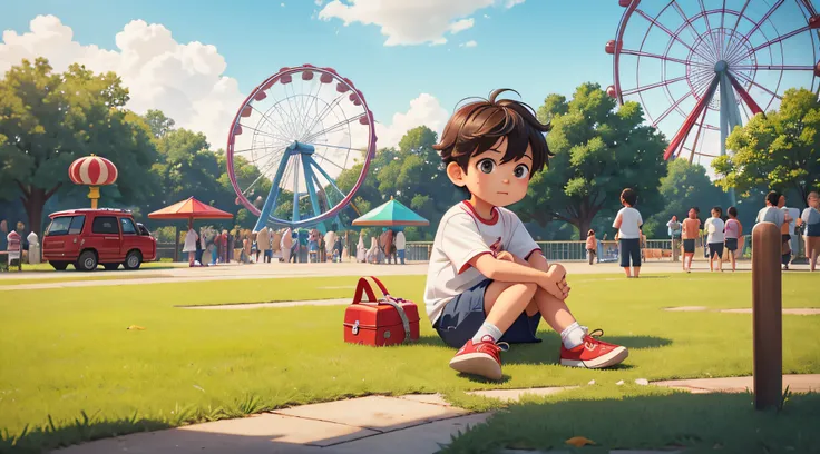 A small child，Looks like five or six years old，Young boyall down，Sprained ankle，Ankles are red and swollen，Hold your right leg，Left leg straight，sitted，in an amusement park，Rides，Sit on grass，scraped knee，hyper HD