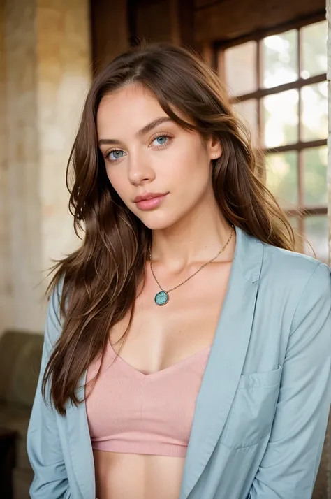 A young woman with a necklace with long brown hair and blue eyes, en el estilo de Precisionista, ondulado, Capas texturales, light amber and pink, olive cotton, Flattering lighting, chic sin esfuerzo