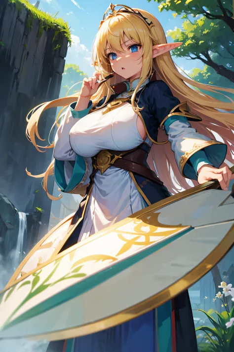 4K,hight resolution,One Woman,a blond,Longhaire,Blue eyes,Colossal tits,elvish,green and white sacred armor,Excalibur,a round shield,sacred place