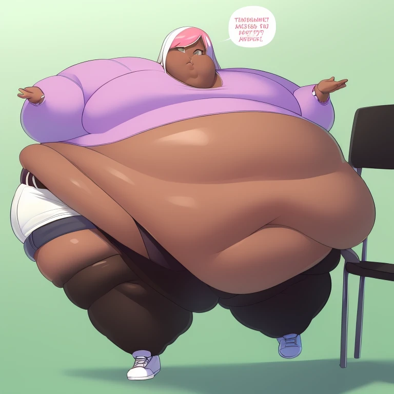 ((High quality:2.0)), High Aesthetic, (masterpiece) ,((Well drawn face))morbidly obese, dark skinned , (Femboy) . pop idol ,with  long Multicolored hair that  White with Hot pink Streaks, Wearing White  Jacket half ,a pink Crop top and White shorts,with fo...